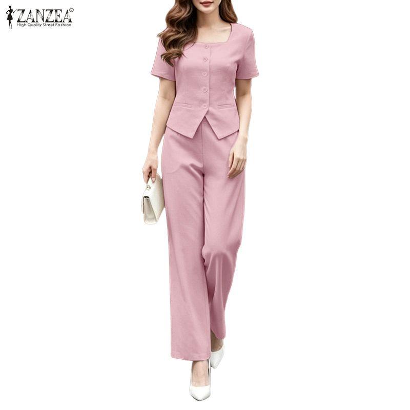 ZANZEA Damen Kurzarm Bluse und Hose Sommer Zweiteiler Anzugsets