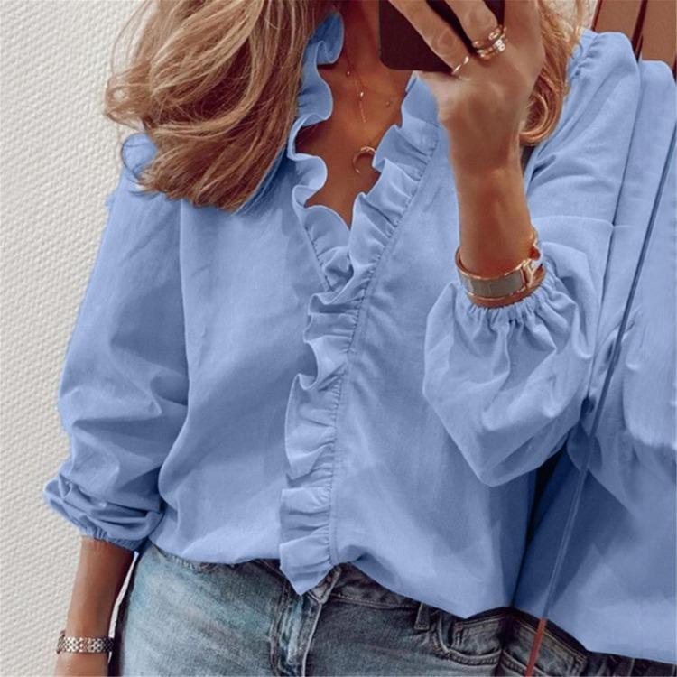 Elegant Women's Fashion Long Sleeve Solid Color Comfort Ruffle Blouse Shirt