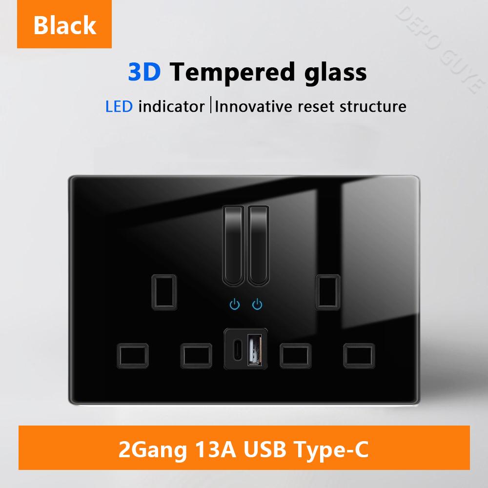 Luxury LED Indicator Light Switch Black Tempered Glass Piano Key Self-reset Wall switch,UK EU Universal USB C Electrical Socket