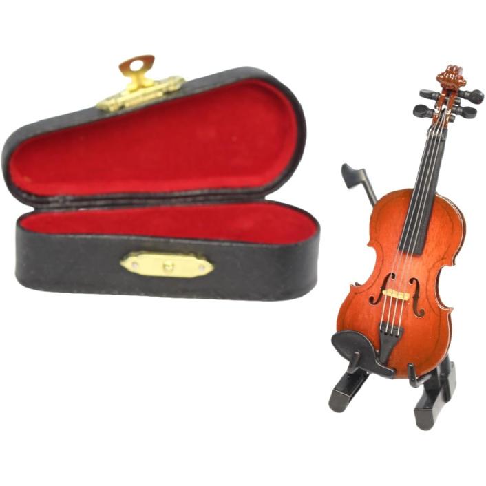 Wooden Miniature Violin with Stand, Bow and Case, Mini Musical Instrument, Dollhouse Model Miniature Home Decoration (3.15")