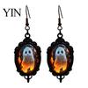 Handmade Crystal Glue Earrings Gothic Ghost Earrings, Vintage Style Matte Black Alloy Dangle Decorative Commemorative Jewelry Halloween for
