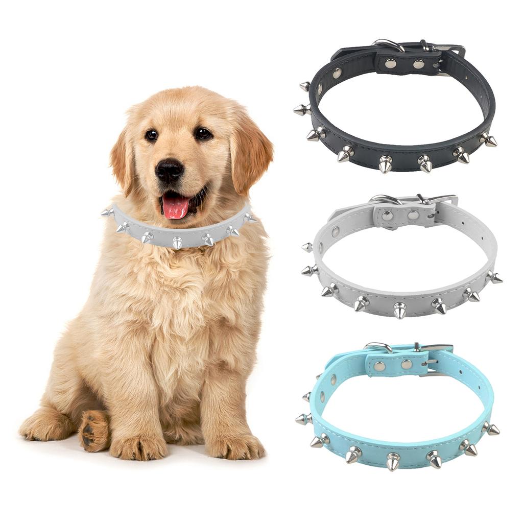 Adjustable Pet Dog Collar, Single Row Bite Proof Rivet Cat and Dog Collar Round Head Nails PU Chain for Cats Puppy Dogs