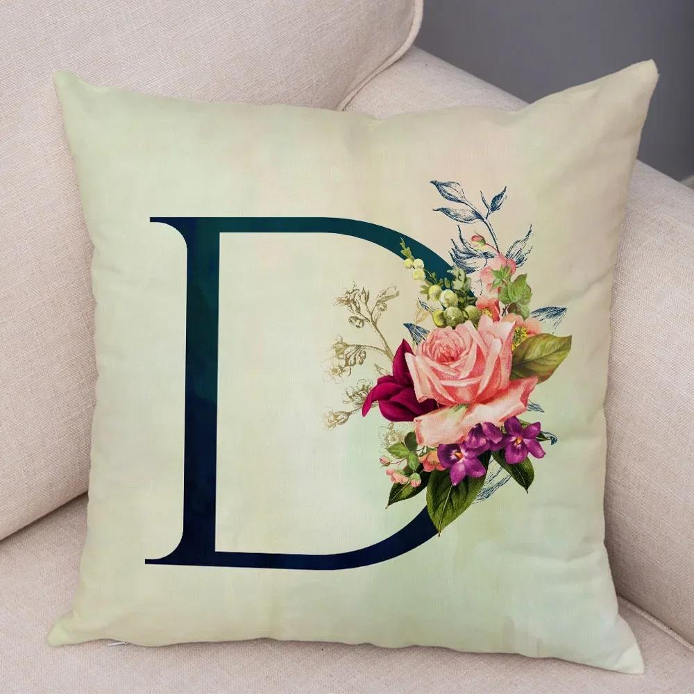 English Flower Beige Letter Print Pillow Case for Sofa Home Decor Floral A-Z Cushion Cover Soft Short Plush Pillowcase 45x45cm