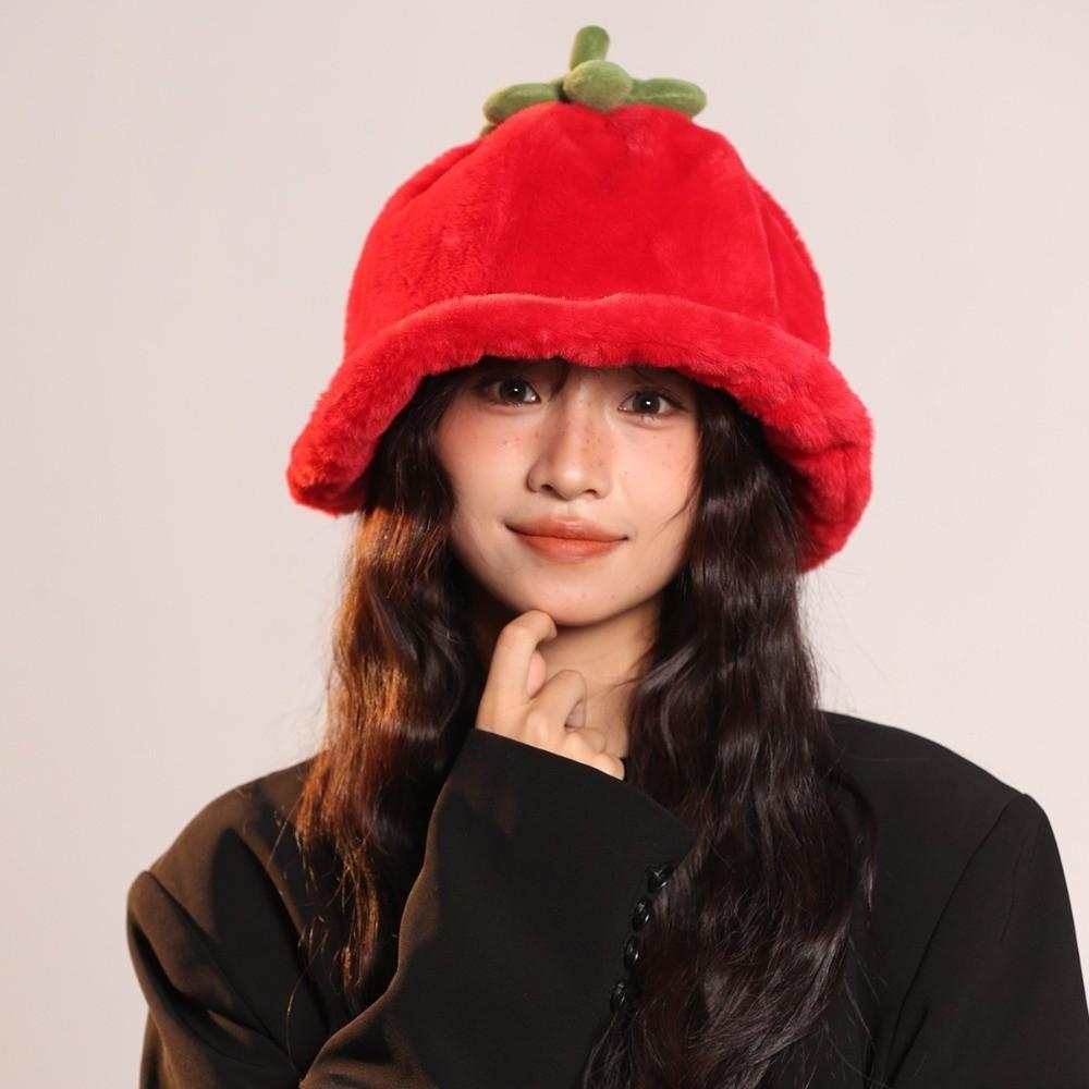 Tomato Plush Bucket Hat Fluffy Beanie Hat Personality Winter Fisherman Hat Cycling