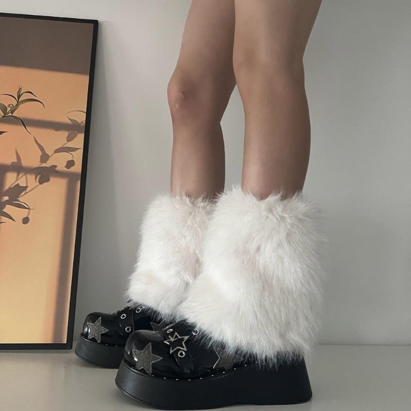Flauschige Kunstpelz Beinwärmer Pelz Fersen Lange Stiefel Manschetten Abdeckung Hat Elastisch Ein Paar Karneval Stiefelabdeckung Y2K JK Uniform