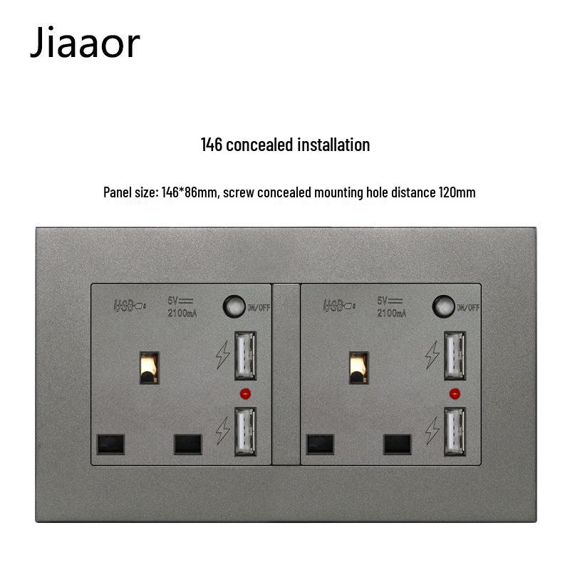 Grey British Standard Double Gang Switch Socket with USB & Type C - Hong Kong/Macau Compatible, Concealed 86 Type
