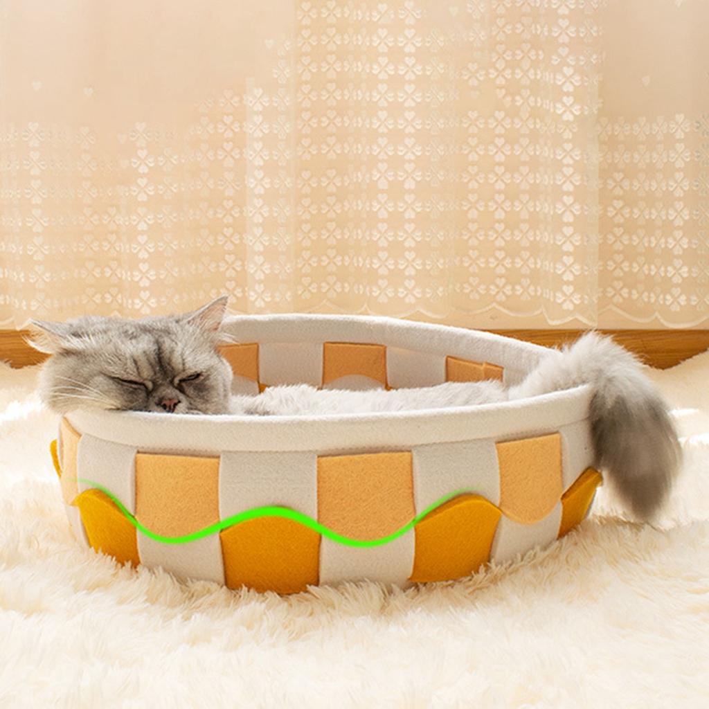 Round Cat Bed Soft Wave Line Braid Double Sided Universal Large Small Dog Bed for Winter Summer Yellow