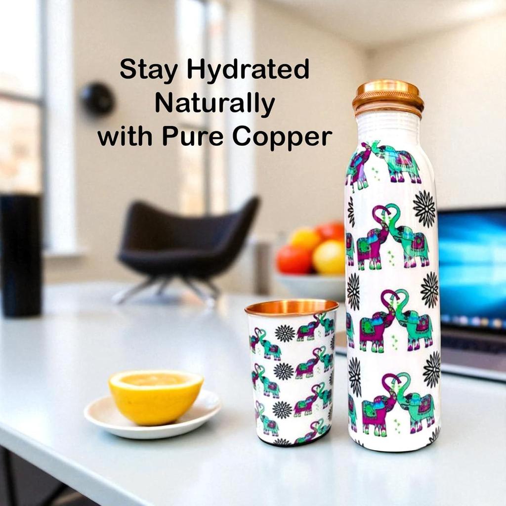 Elephants In Love Artistic Copper Water Bottle Set | Handcrafted Tamba Bottle with 2 Glasses | Premium Copper Water Bottle