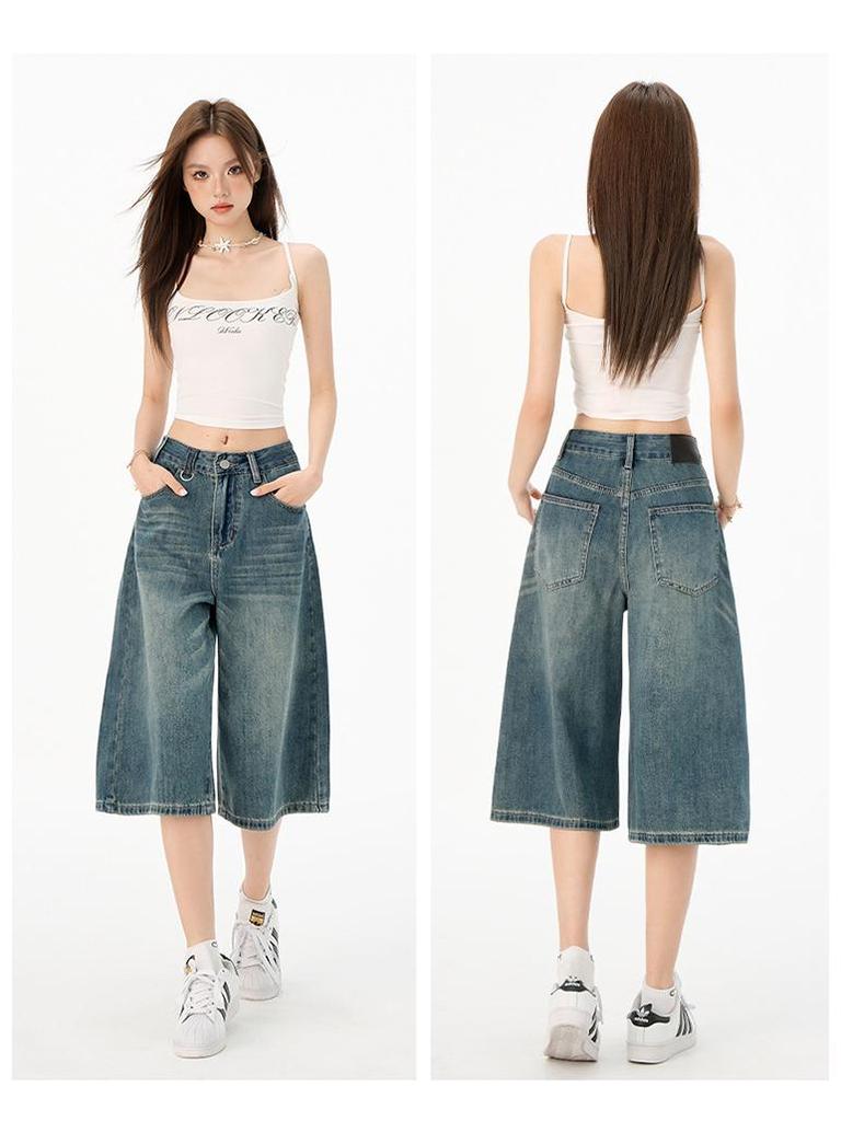 Women's 2025 Retro Wide-Leg Denim Jeans: Trendy, Versatile, Mid-Length Summer Pants