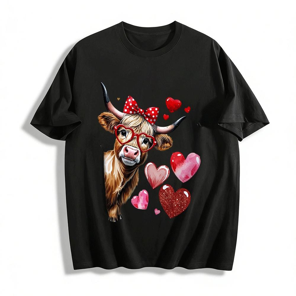 Valentine Highland Cow Heart Glasses Print Casual Top Pure cotton T-shirt XXS