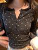 Floral Print Slim Fit Henley Collar Long Sleeve Top for Women - Autumn/Winter Waist-Cinched Base Layer