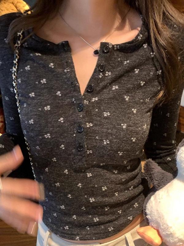 Floral Print Slim Fit Henley Collar Long Sleeve Top for Women - Autumn/Winter Waist-Cinched Base Layer