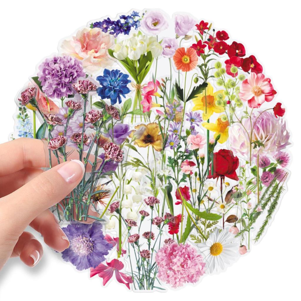 50 Sheets Flower Cartoon PET Stickers - Waterproof, No-Cut, Transparent for Phone Cases, Planners, and Crafts