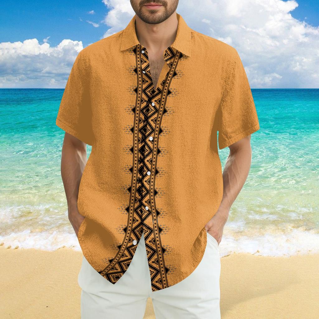 Men's Fashionable Casual Loose Striped Printed Beach Short-sleeved Shirt