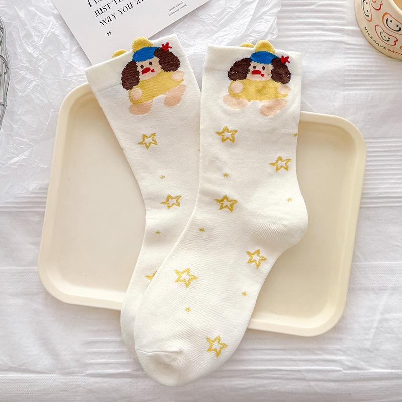 Female Spring and Autumn Cartoon Dog Cute Illustration White Loose Mouth Tube Cotton Socks