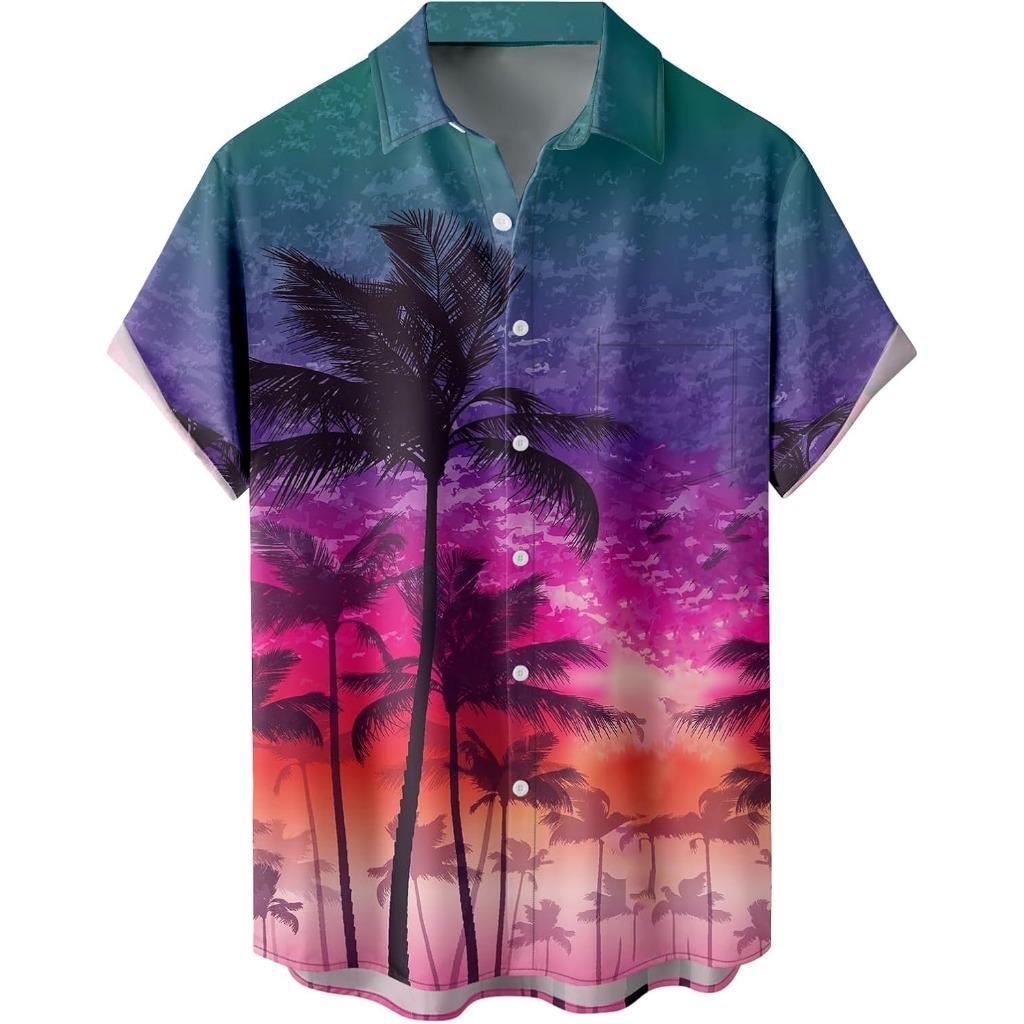 Summer Men's Gradient Sketch Coconut Tree 3D Print Shirt, Retro Hawaiian Tropical Quick-Drying Loose Aloha Shirt