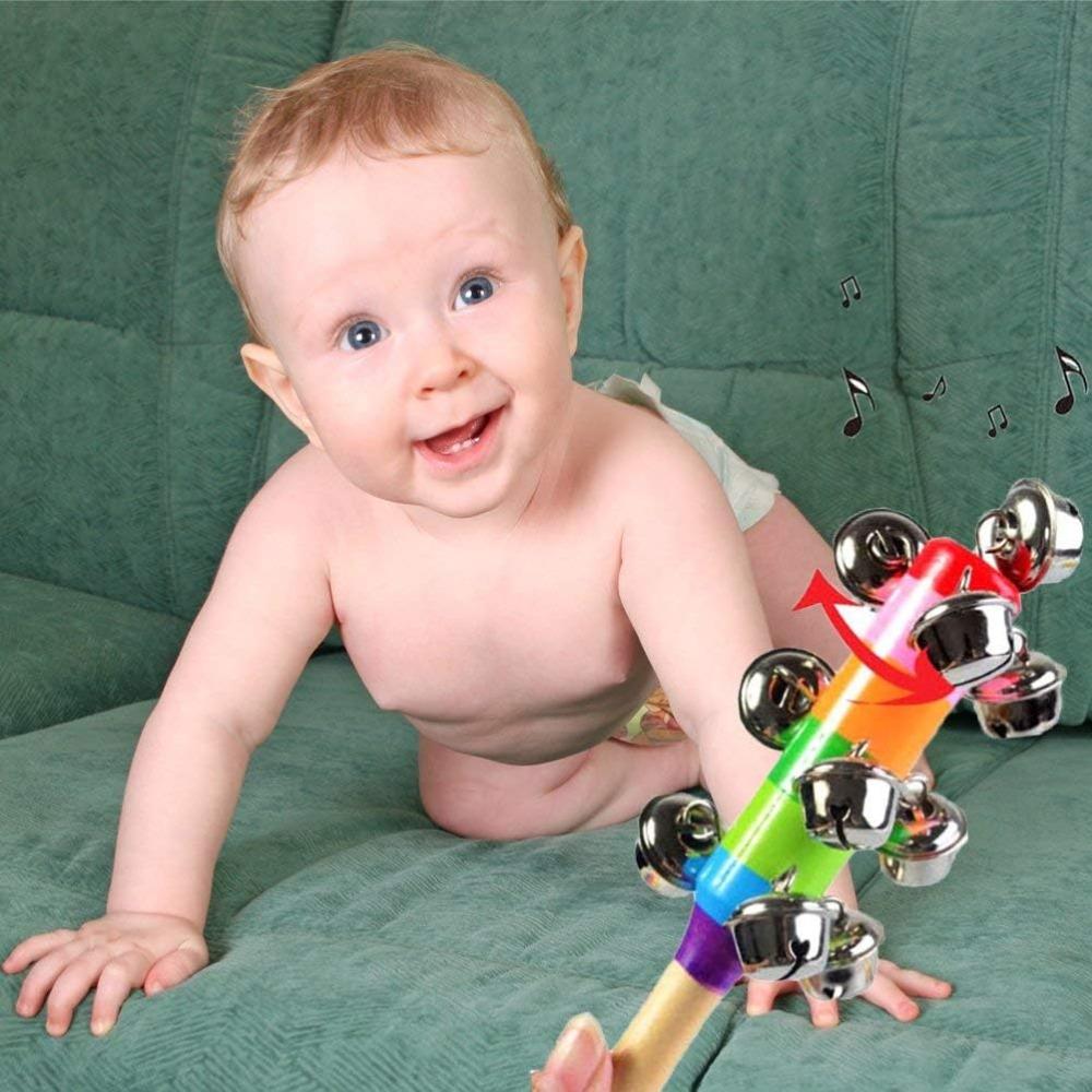 6pcs Wooden Jingle Hand Bells Rainbow Handle Wooden Bells Jingle Stick Shaker Rattle Musical Toys