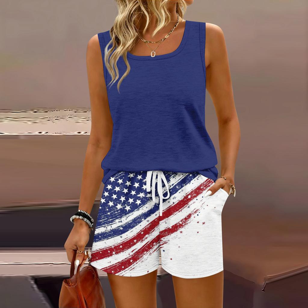 Women Summer Casual Two Piece Set Sleeveless Tank Top Square Neck and Shorts with Pockets Lightweight Lounge Wear