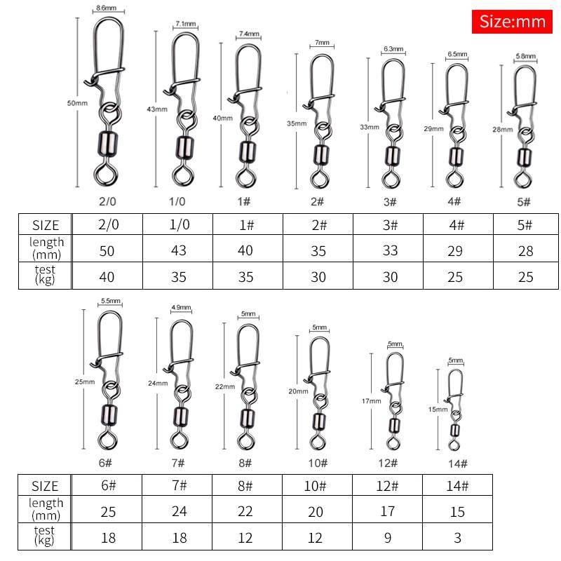 MEREDITH 50PCS Pike Fishing Accessories Connector Pin Bearing Rolling Swivel Stainless Steel Snap Fishhook Lure Swivels Tackle
