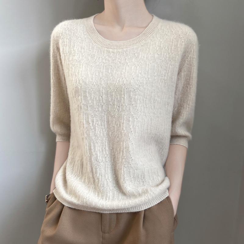 Women's Round Neck Knitwear Spring New Hollow Five-minute Sleeve Loose Pullover Bottoming Shirt Tops