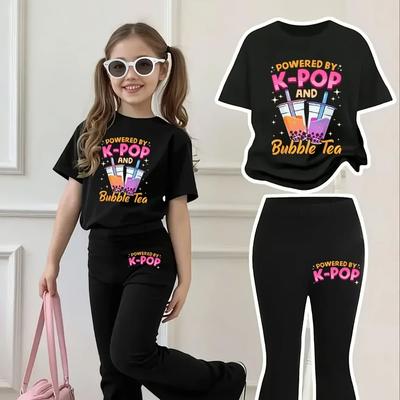 Modisches Milchshake-Outfit für Mädchen, Schwarzes Rundhals-T-Shirt, Bedruckt mit buntem K-Pop-Süßmuster, Ausgestellte Hose, Freizeitkleidung