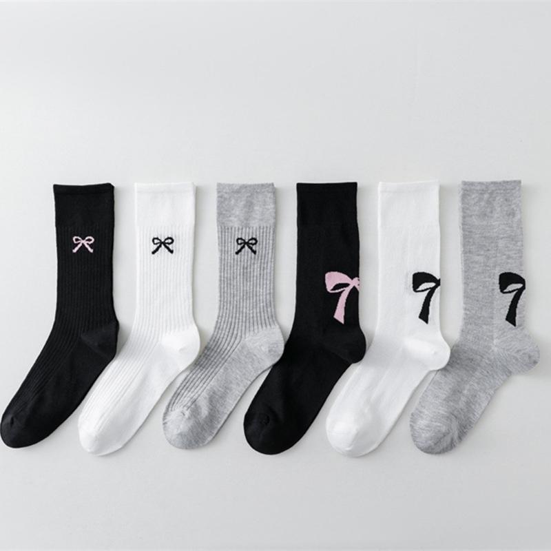 Cute Bowknot Pattern Long Calf Length Socks for Women and Girls Breathable Mesh Ribbed Student Cotton Stockings Hosiery