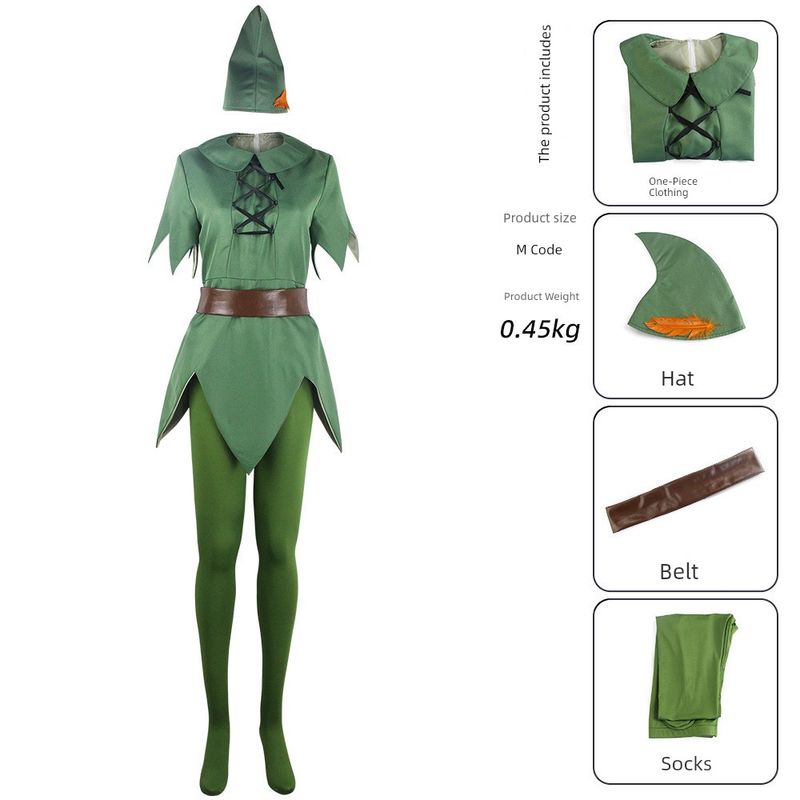 Peter Pan Cosplay Costume Green Fairy Elf Costume Cosplay Stage Performance Outfit Set Green Fairy (Jumpsuit + Hat + Belt + Socks) XS
