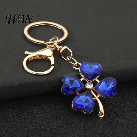 Blue Rhinestone Keychain Pendant Sparkling Rhinestones Four-Leaf Clover Design Key Chain with Electroplated Lobster Clasp Easy to Hang Holder Backpack