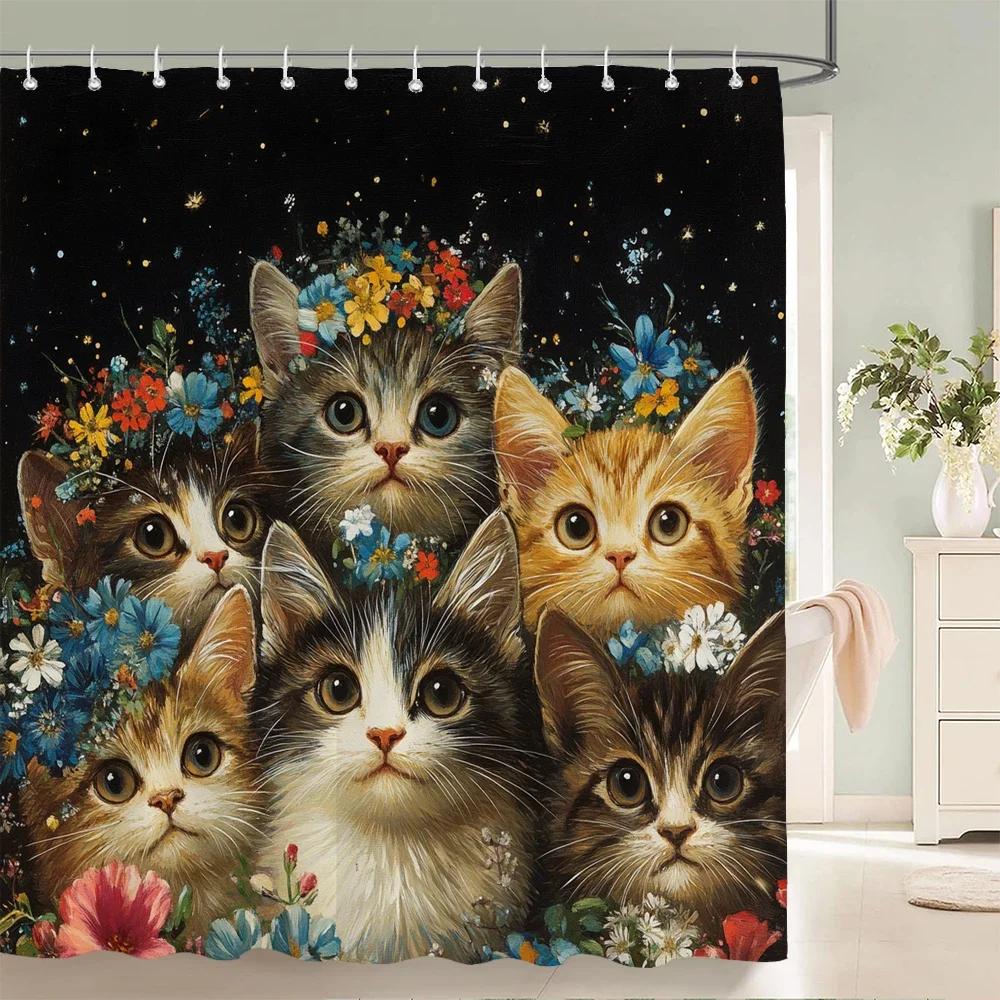 

Nordic Style Flowers Leaves Animals Shower Curtain Cat And Dog Printed Bathroom Bath Curtain Home Decoration Curtain With Hooks W60H190(CM)-1 Pcs