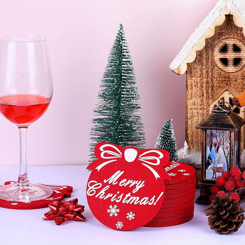 10PC Snowflake Printed Party Red Holiday Felt Coasters Table Decor Christmas Cup Mats Festive Absorbent Wool Beverage Decoration