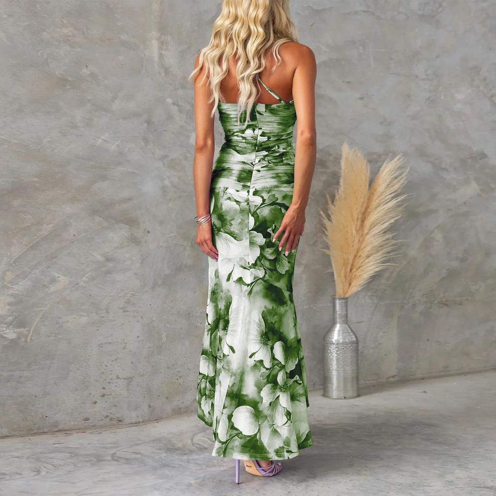 Women's Fashion Summer Sexy Slanted Shoulder Floral Print Sleeveless Vacation Slim Fit Dress