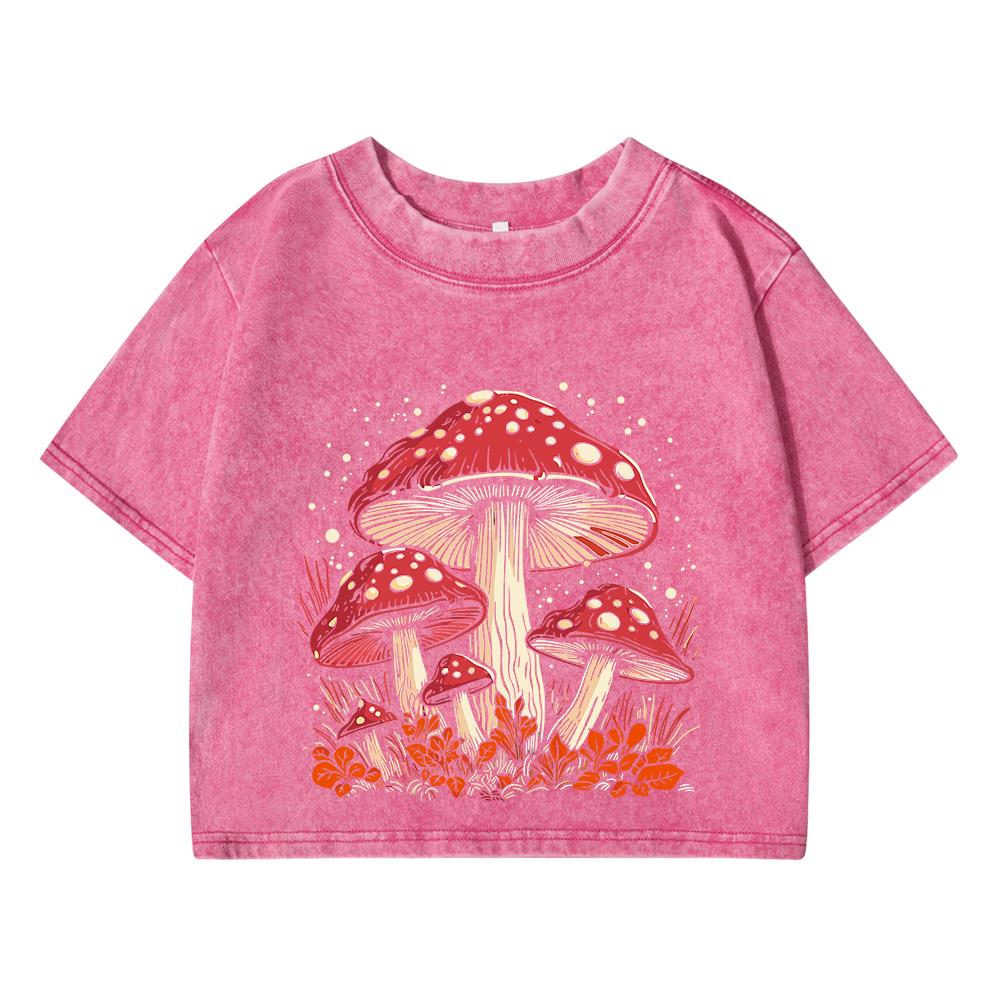 Women's Cotton Crop Tops Trend Washed T-Shirts Red Mushroom Personality Graphic Printed Tees Street Clothes