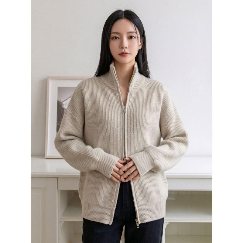Cárdigan Grueso de Punto para Mujer, Cuello Semi Alto con Cremallera, Manga Larga, Top Casual