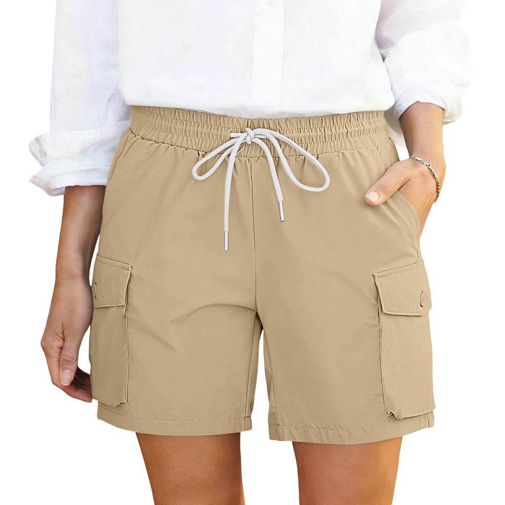 Shorts cargo décontractés pour femmes à taille à cordon avec poches Coupe décontractée Ceinture élastique Tissu léger