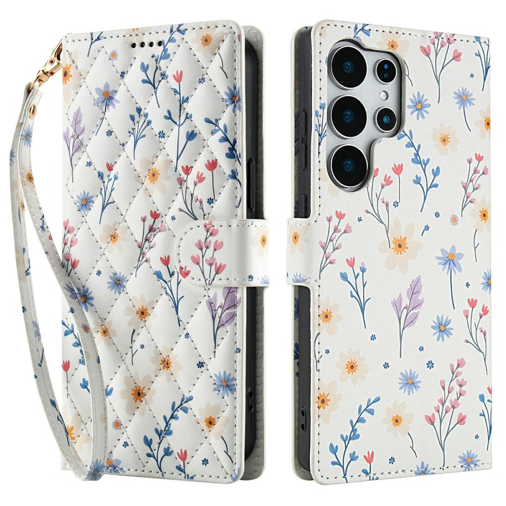 Für Samsung Galaxy S25 Ultra Brieftasche Hülle Rhombisches Blumendesign Leder Klapphandyhülle mit Trageband