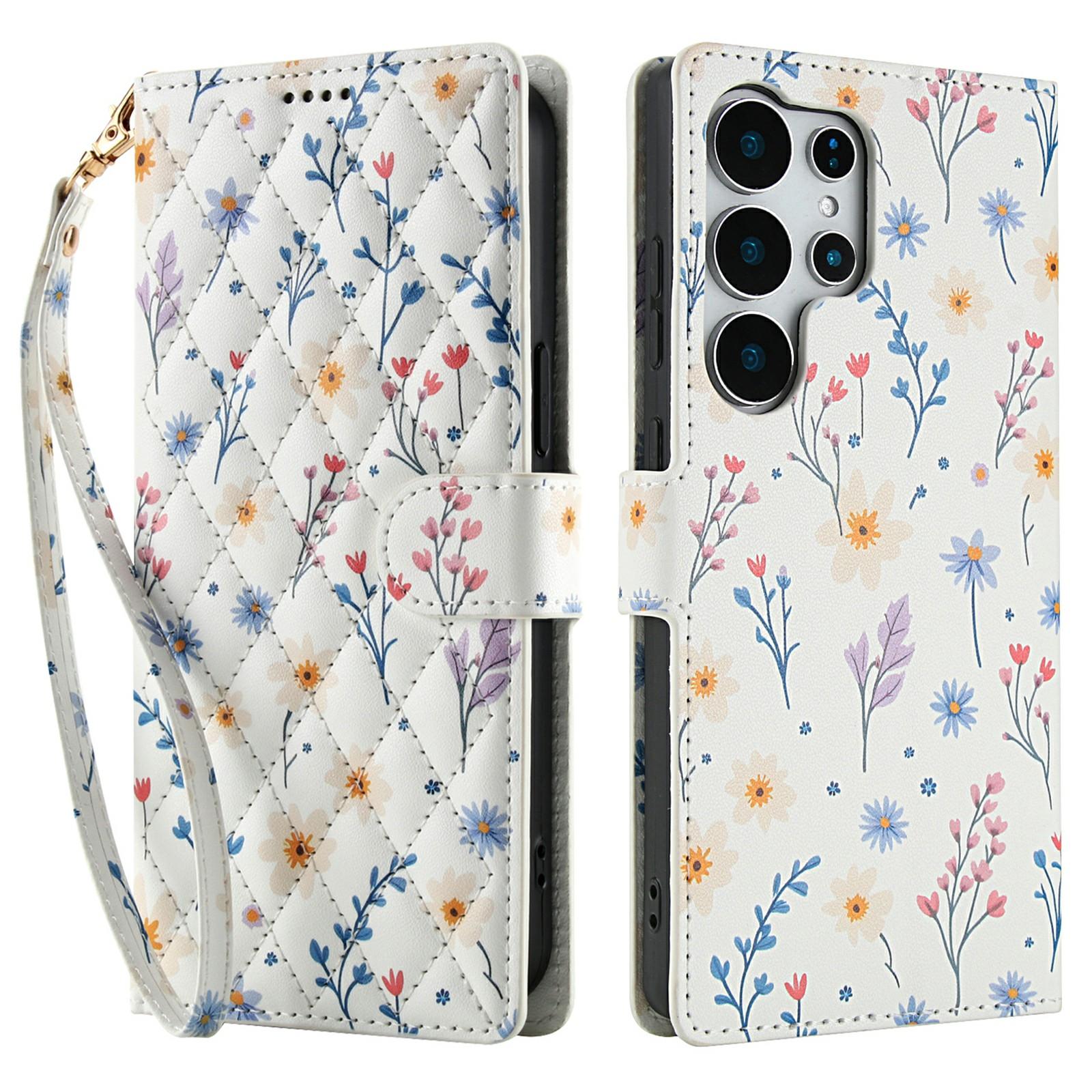 

For Samsung Galaxy S25 Ultra Wallet Case Rhombic Floral Design Leather Flip Phone Cover with Strap A2