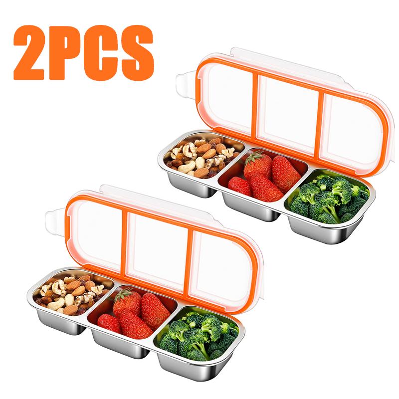 1/2PCS Stainless Steel Snack Box Container With Lid 3 Compartment Reusable Fruit Storage Box Leakproof Lunch Box for School Home