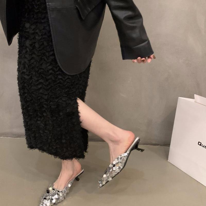 French niche high heels silver temperament bag head sandals fairy shoes 2025 new spring and summer pointed single shoes