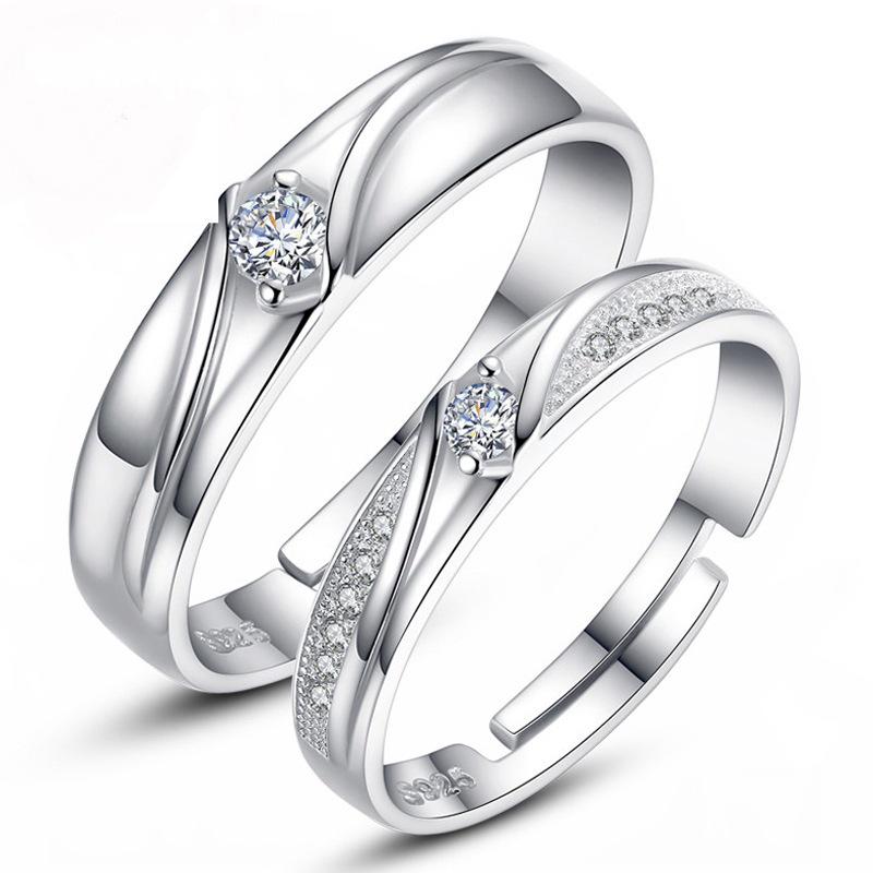European & American Silver-Plated Zircon Wedding Rings - Korean Style Open Couple Rings for Women