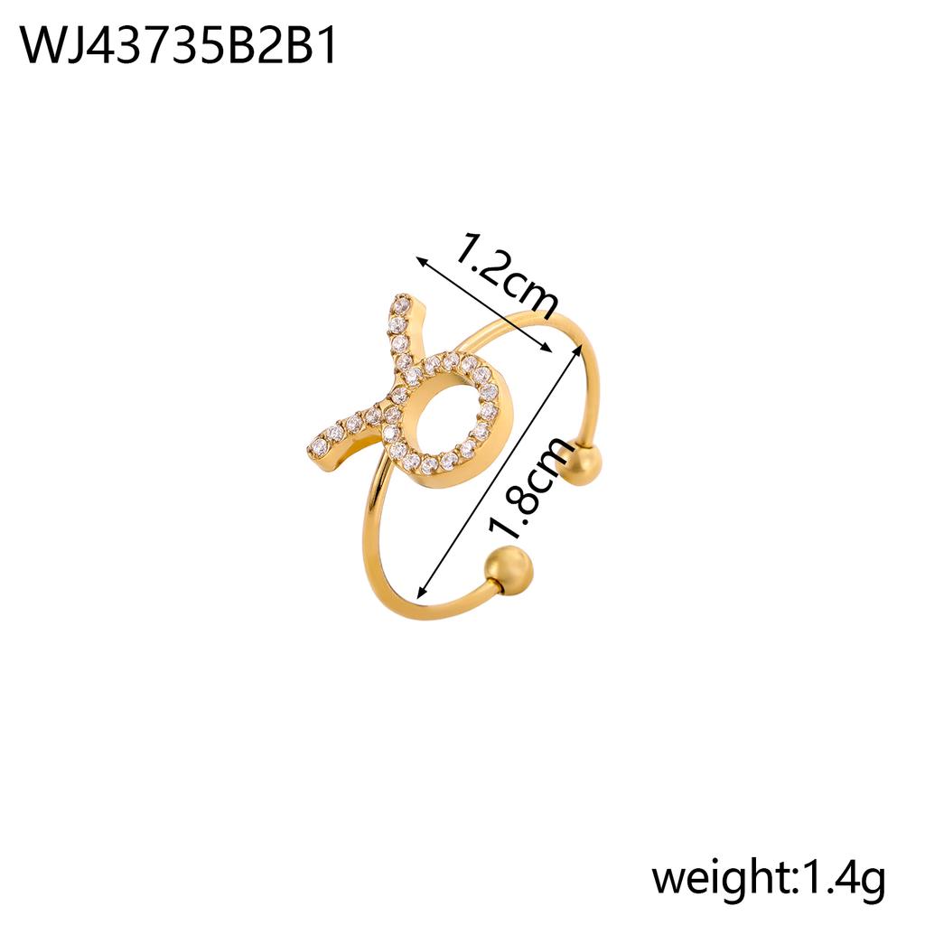 CARLIDANA Vintage Letter Heart Adjustable Gold Plated Stainless Steel 12 Zodiac Sign Zircon Letter Open Ring Jewelry Women