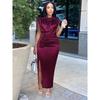 Elegant Plus Size Women Dress Wine Red Long Sleeveless Maxi Gown High Collar Slim Fit Shiny Pleated Evening Party Outfits with Slit