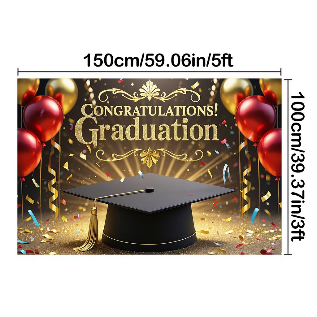 Abschluss-Hintergrund mit "GRADUATION"-Text, Ballons- und Konfetti-Design für Rasen im Freien, Gartenfeiern und Abschluss-Party-Dekor, Abschluss-Dekor