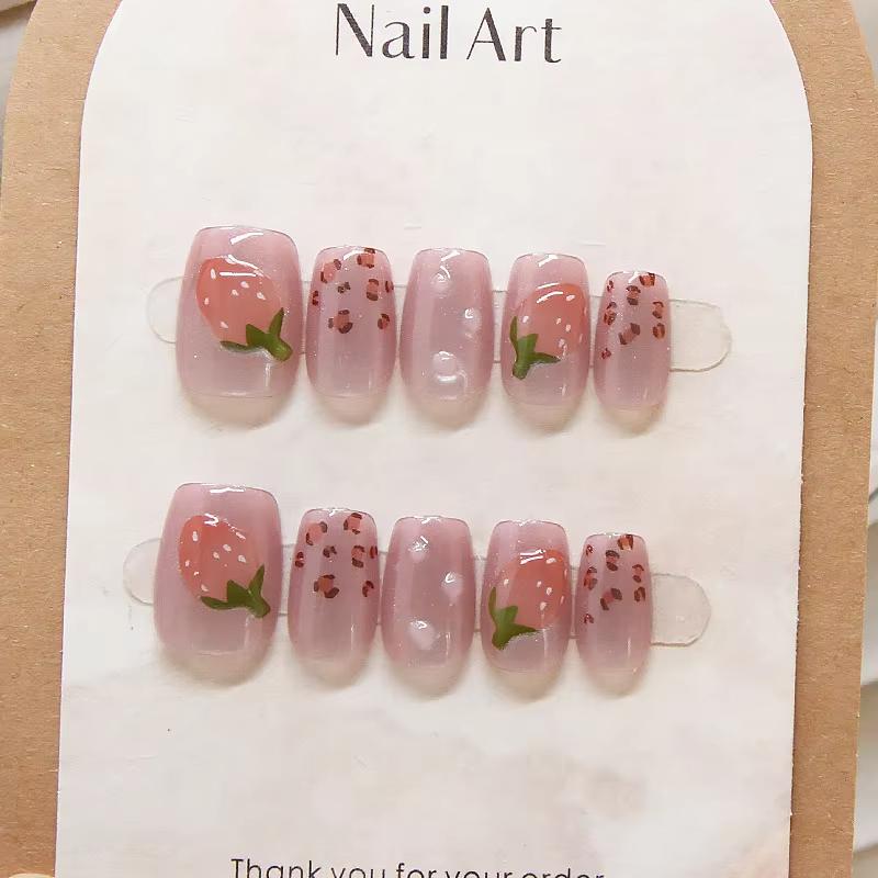 10Pcs Strawberry Sweetheart Cat Eye Handmade Press On Nails Removable Wearable Nail Art For Women And Girls