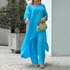 European Women's Cotton Linen Casual Plus Size Irregular Long Sleeve Top and Wide-Leg Pants Set