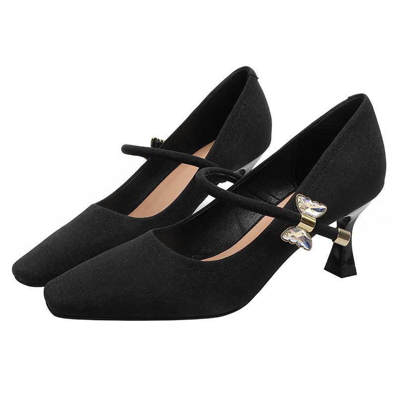 

One-word high-heeled shoes for women s high-end thin heels 2025 new French square head light mouth single shoes high-heeled Mary Jane shoes 40 чорний