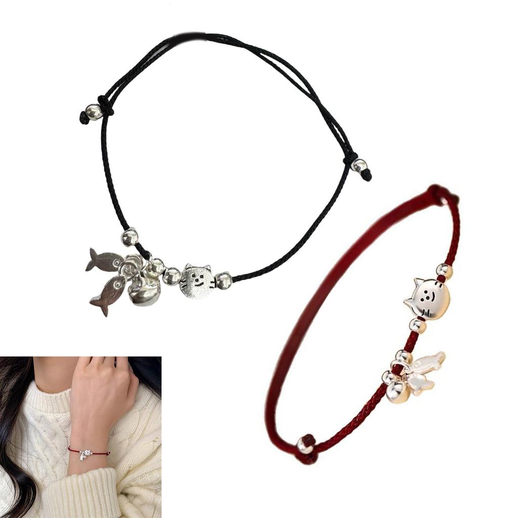 Pack Of 2 Matching Cat And Fish Design Red Black Cord Bracelets Handcrafted Wrist Chain For Couples Friends