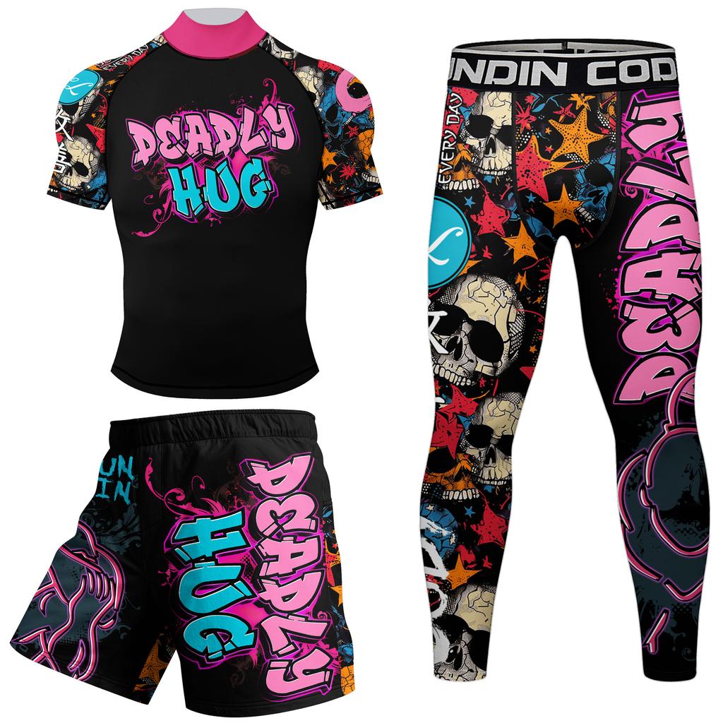 Cody Lundin Nye Designs Specialfremstillede Kortærmede Polyester Strækbare Rash Guards Shorts MMA BJJ Sæt Med Elastisk Linning