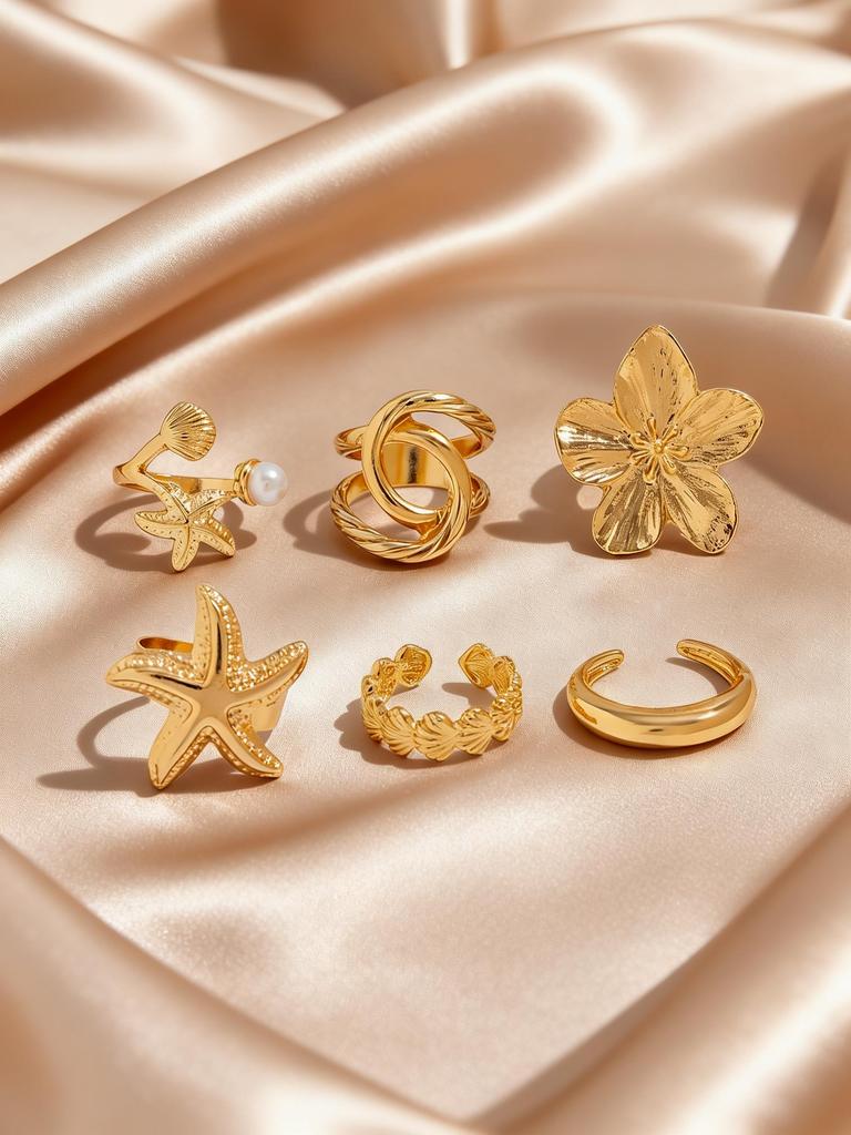 6pcs Set Chic Vintage Gold Plated Geometric Conch Flower Shell Open Ring for Women Daily Wear Party Engagement Jewelry Gifts