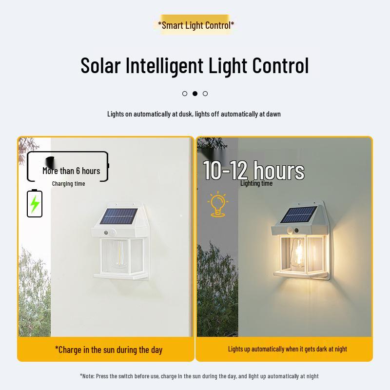 Solar Outdoor Wall Light with Human Body Sensor, Three Modes, Tungsten Filament, Waterproof for Garden or Villa Night Lighting.