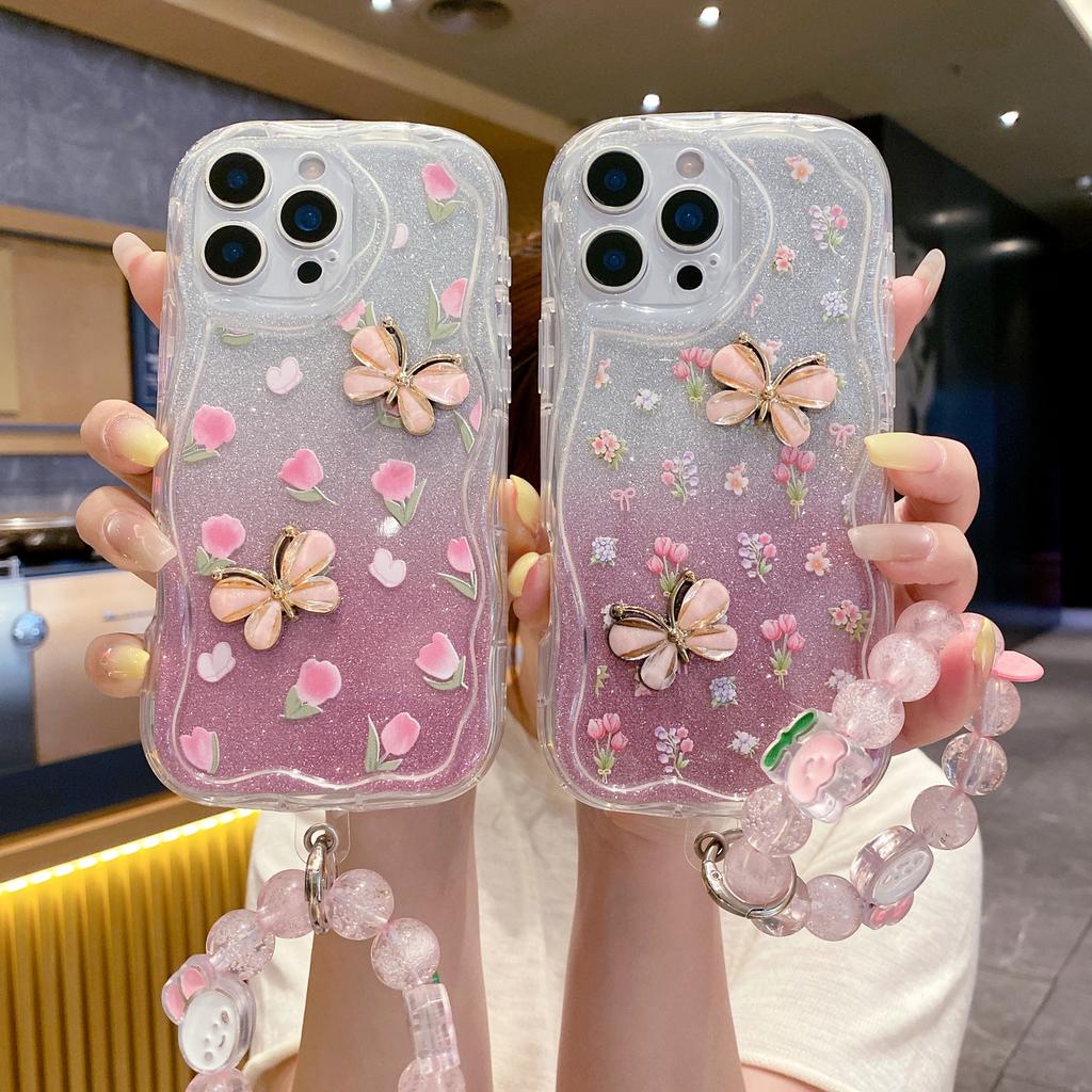 Applicable To OPPO RENO15F Small Floral Transparent Mobile Phone Case A6X Three-dimensional Butterfly Tulip Bracelet for Women